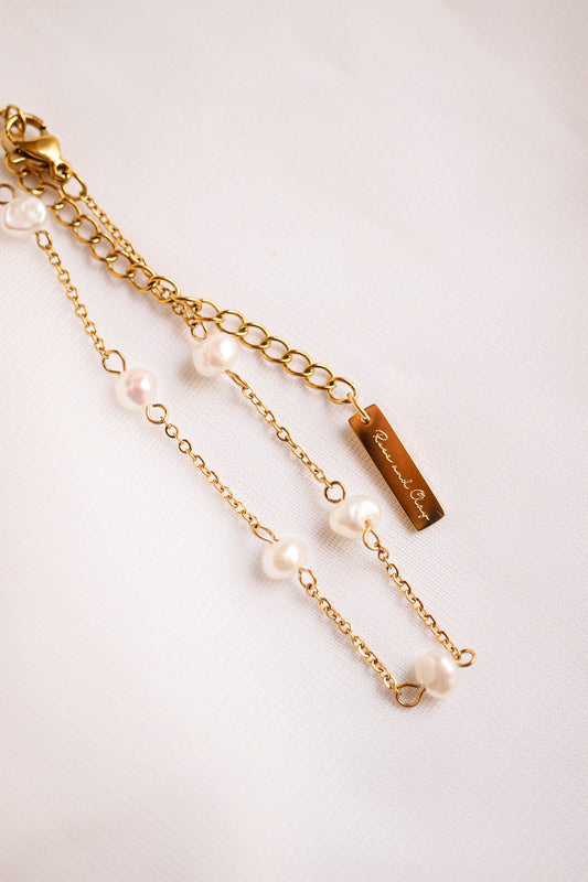 Freshwater Pearl Adjustable Anklet 18k Gold Plated Stainless Steel Rose & Clay
