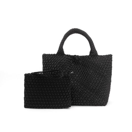 Large Woven Neoprene Tote with Wristlet Handbag Black Babs+Birdie