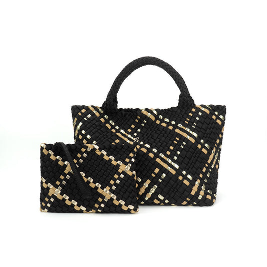 Large Woven Neoprene Tote with Wristlet Tote The Charli Onyx with Mocha Stripe