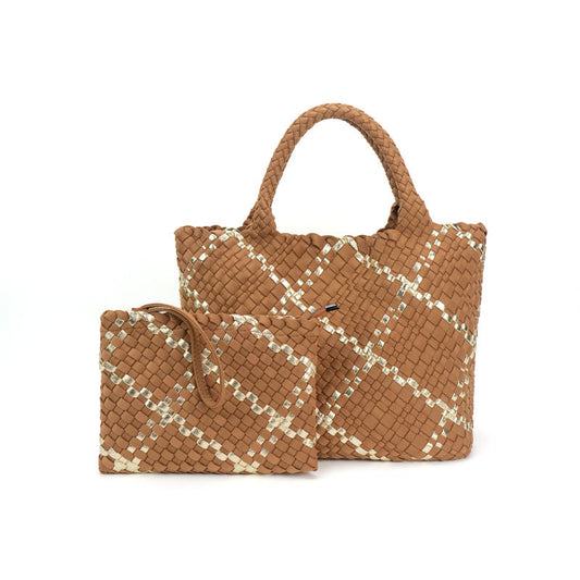 Large Woven Neoprene Tote with Wristlet Almond with Gold Stripe Handbag Babs+Birdie