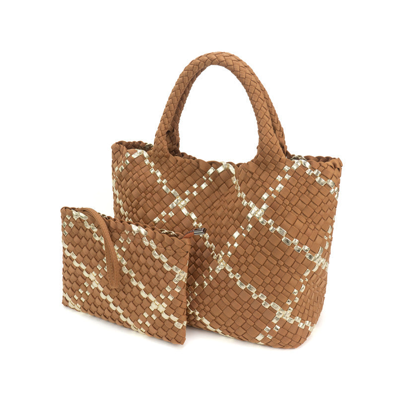 Large Woven Neoprene Tote with Wristlet Almond with Gold Stripe Handbag Babs+Birdie