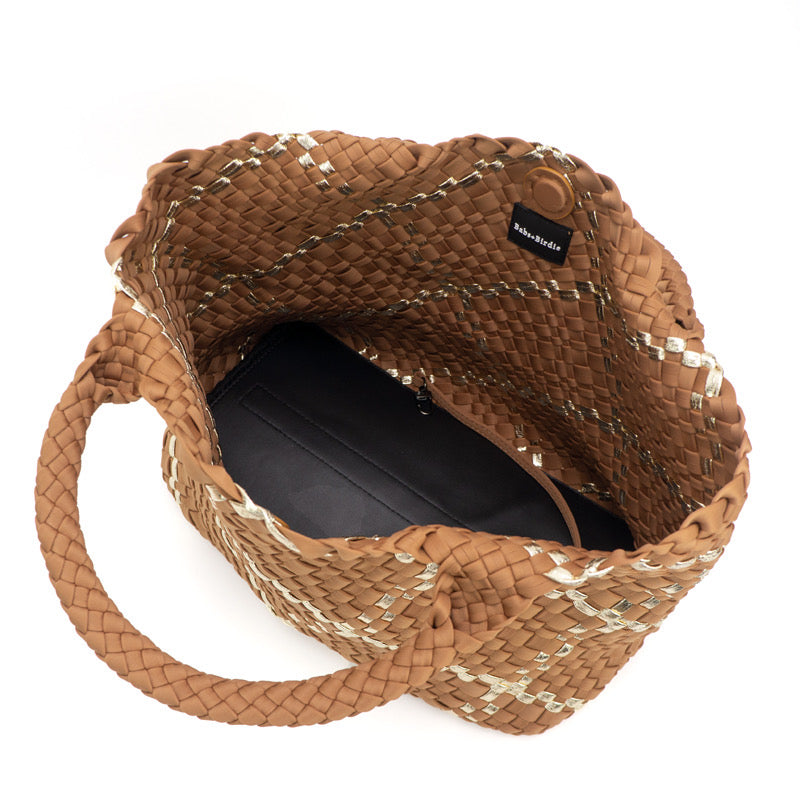 Large Woven Neoprene Tote with Wristlet Almond with Gold Stripe Handbag Babs+Birdie