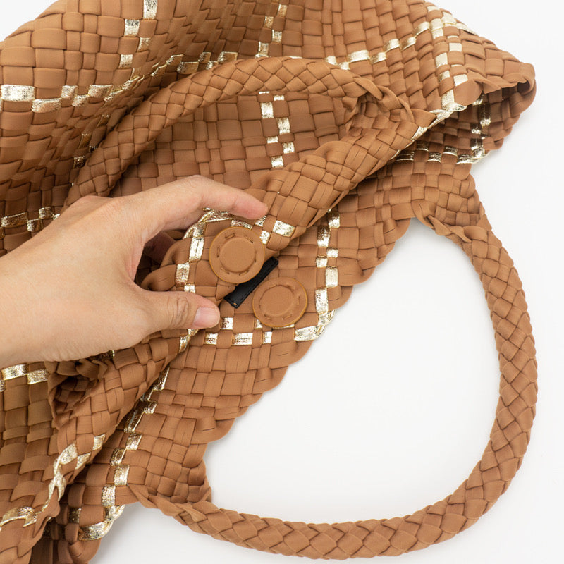Large Woven Neoprene Tote with Wristlet Almond with Gold Stripe Handbag Babs+Birdie