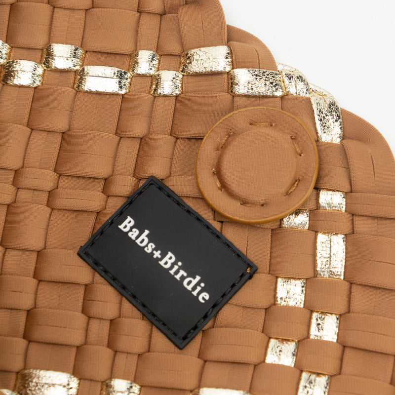 Large Woven Neoprene Tote with Wristlet Almond with Gold Stripe Handbag Babs+Birdie