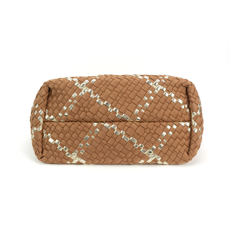 Large Woven Neoprene Tote with Wristlet Almond with Gold Stripe Handbag Babs+Birdie
