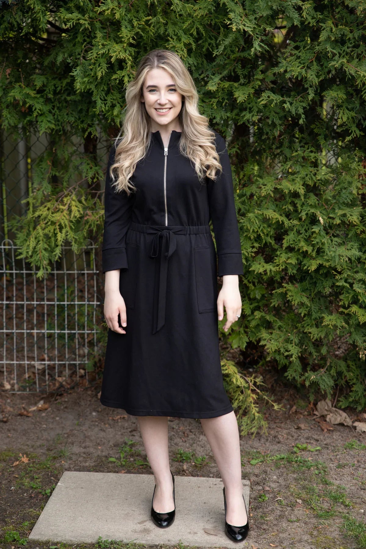 Black Utility Dress Wide Waistband Front Zipper Nursing Friendly