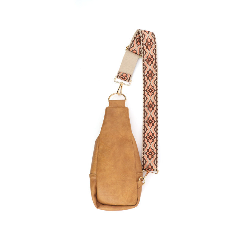 Zippered Camel Vegan Leather Sling Bag The Atlas Babs+Birdie