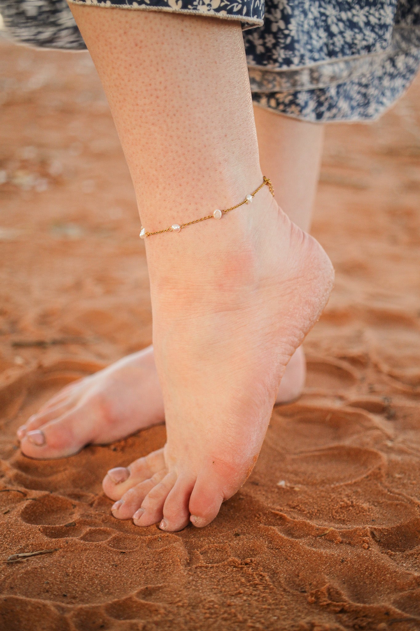 Freshwater Pearl Adjustable Anklet 18k Gold Plated Stainless Steel Rose & Clay
