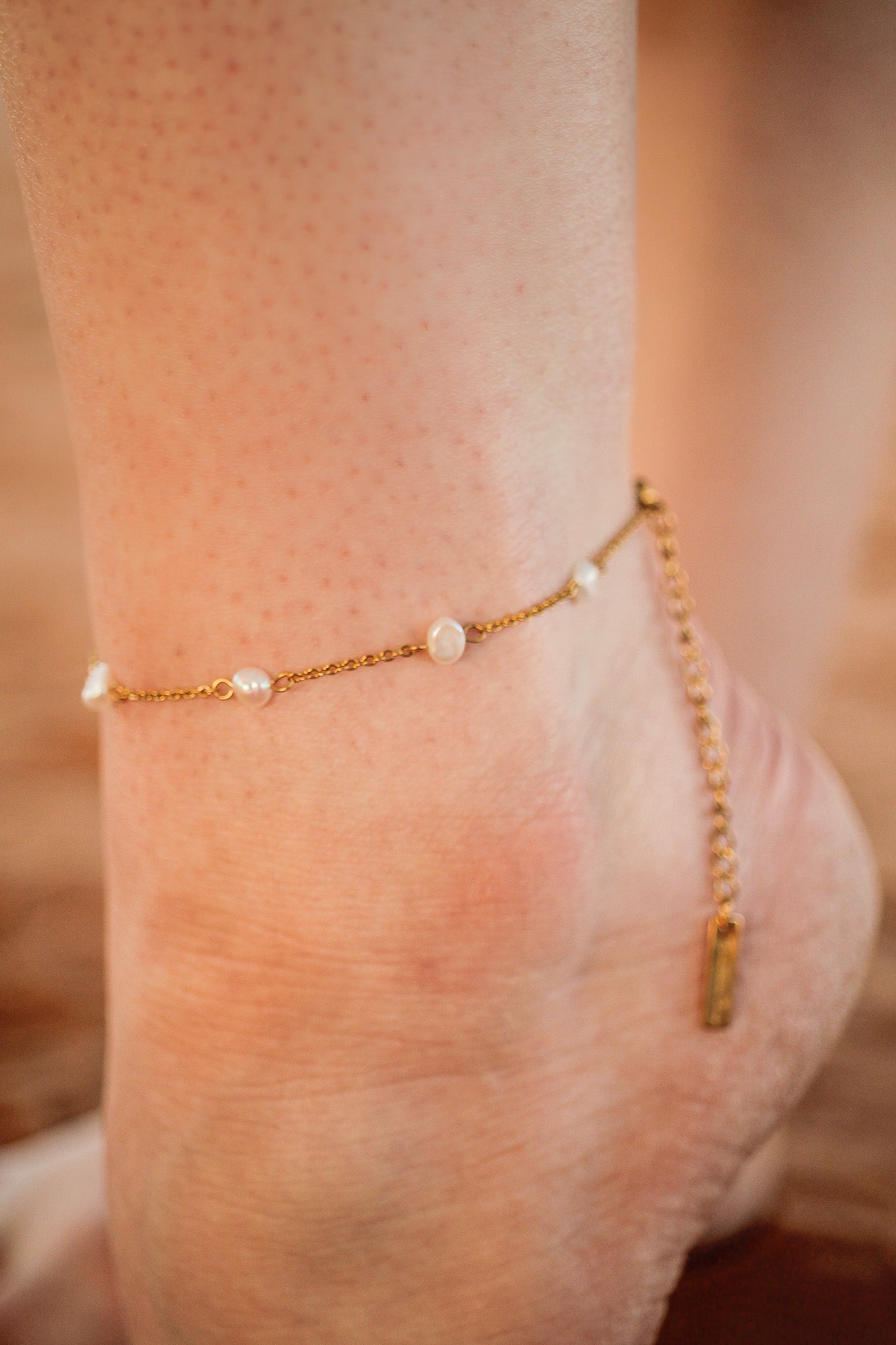 Freshwater Pearl Adjustable Anklet 18k Gold Plated Stainless Steel Rose & Clay