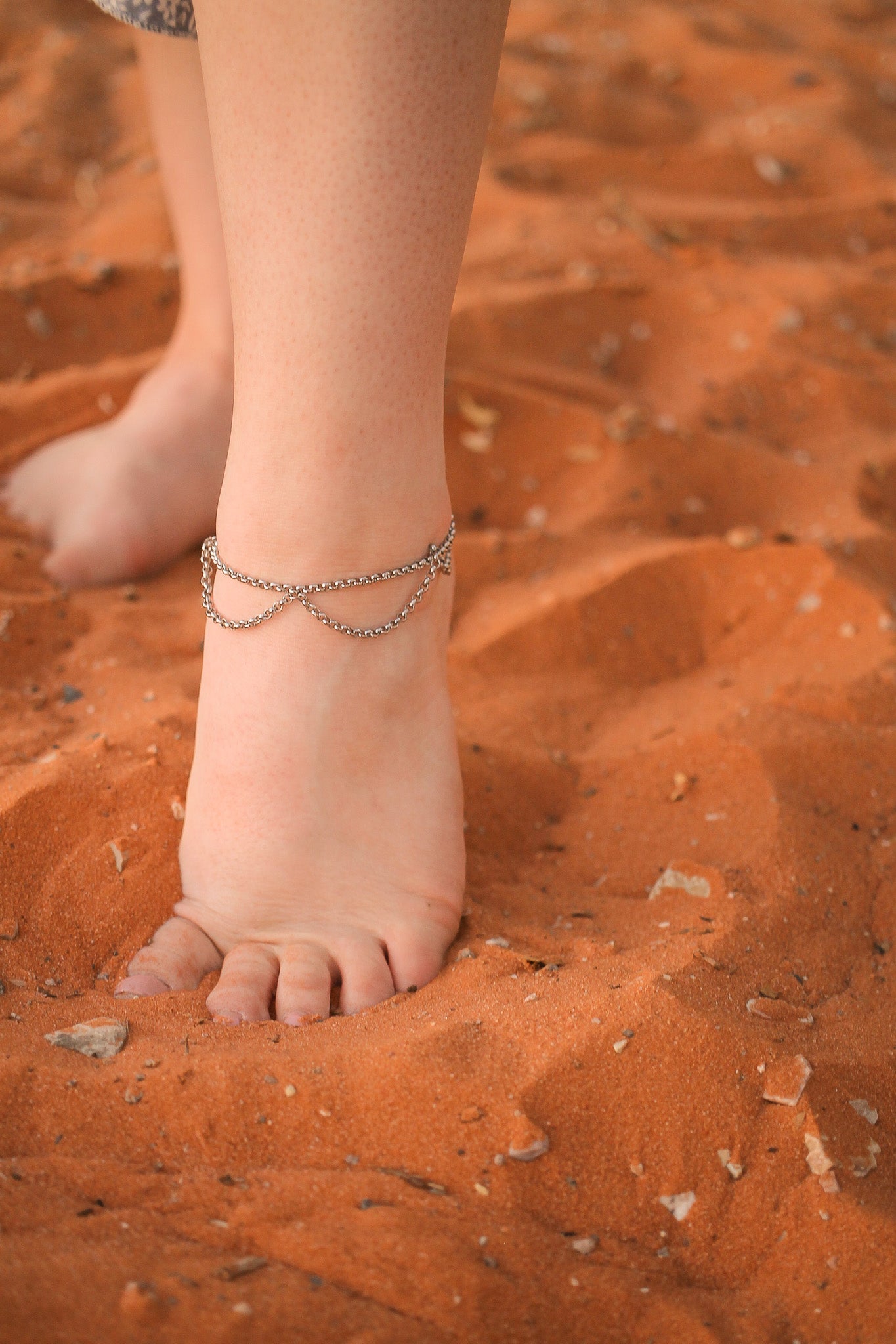Silver Scallop Design Anklet Stainless Steel Chain Rose & Clay
