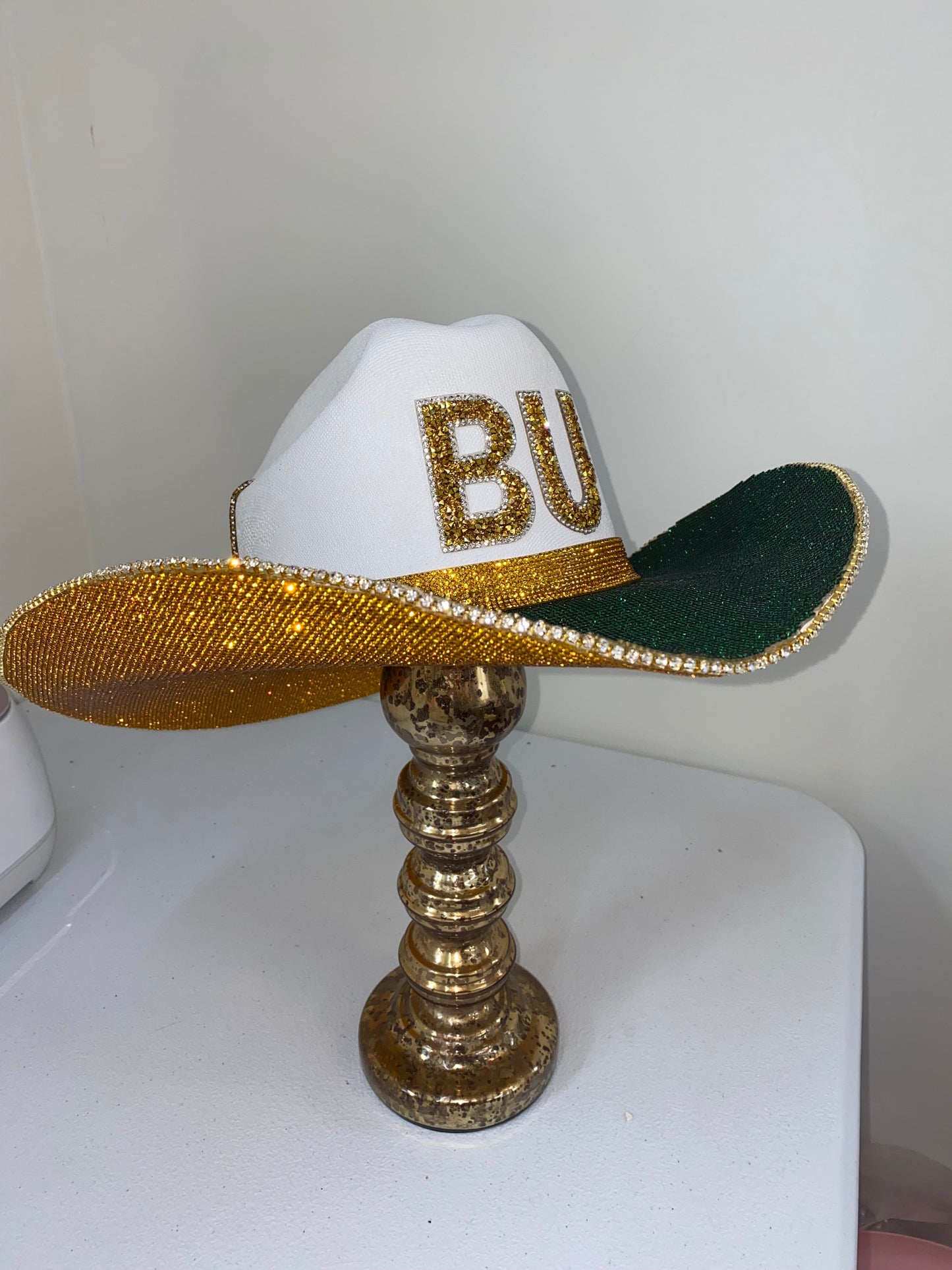 Baylor University Rhinestone White Straw Hat BU Letters