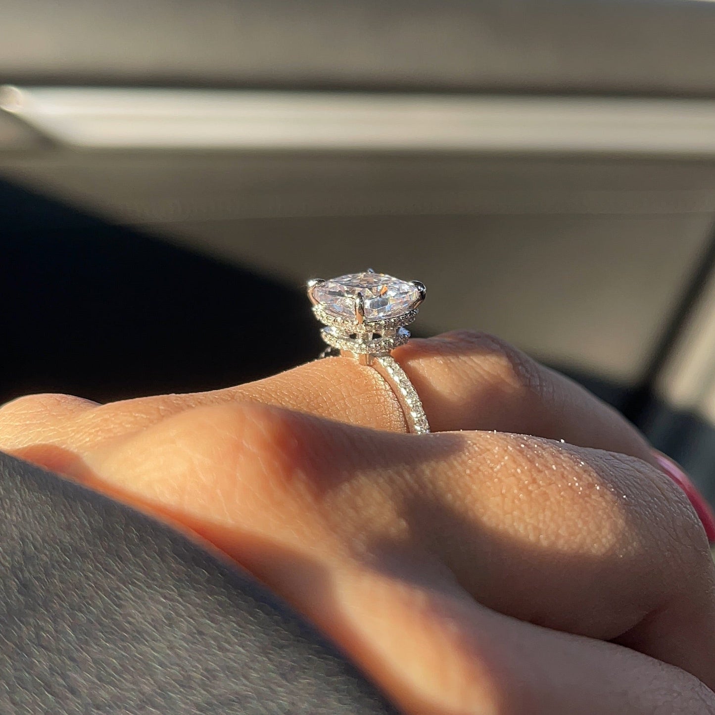 4.0ct Cushion Cut Moissanite Diamond Double Hidden Halo Engagement Ring