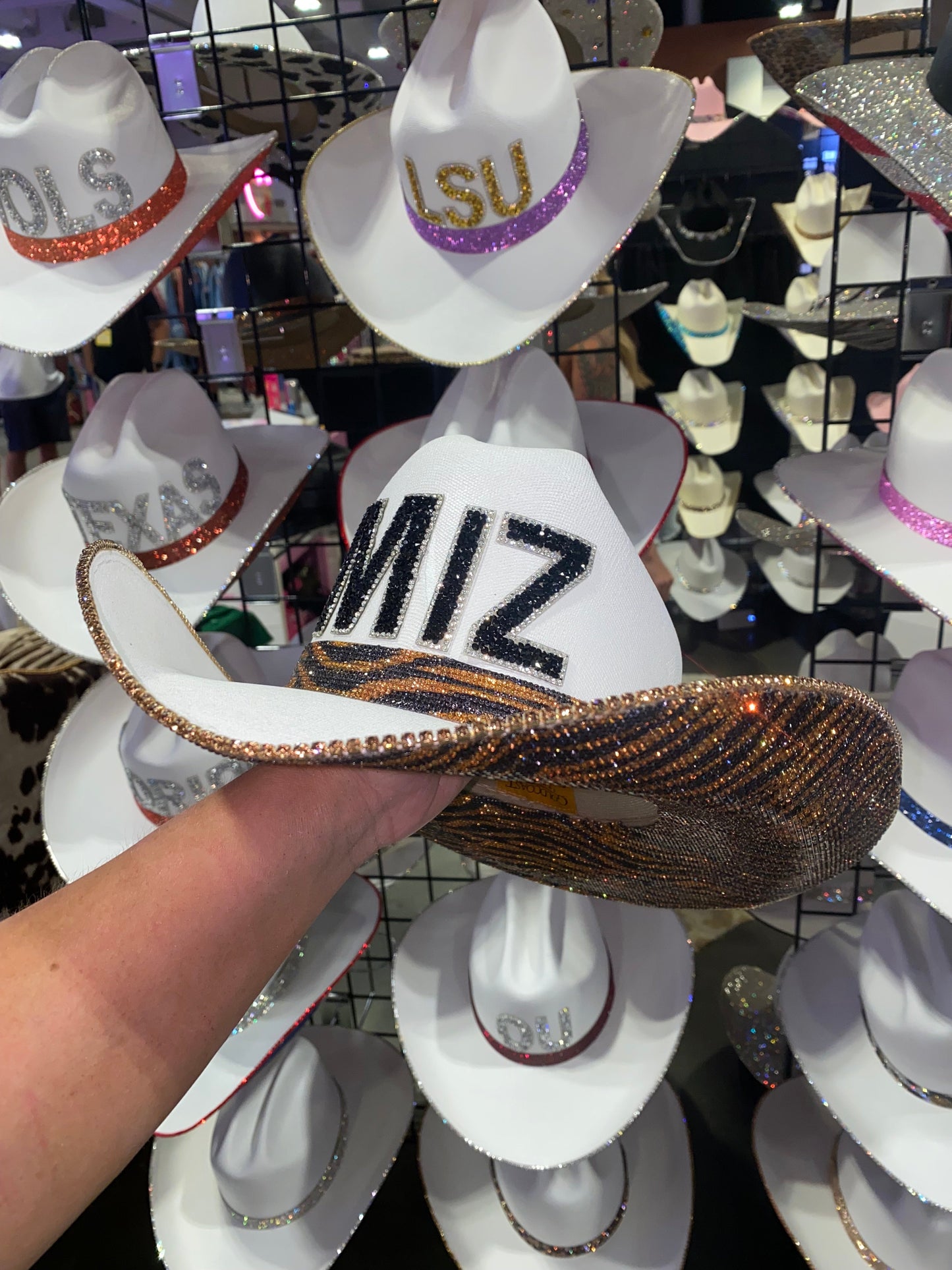 Tiger Print Rhinestone White Straw Mizzou Hat
