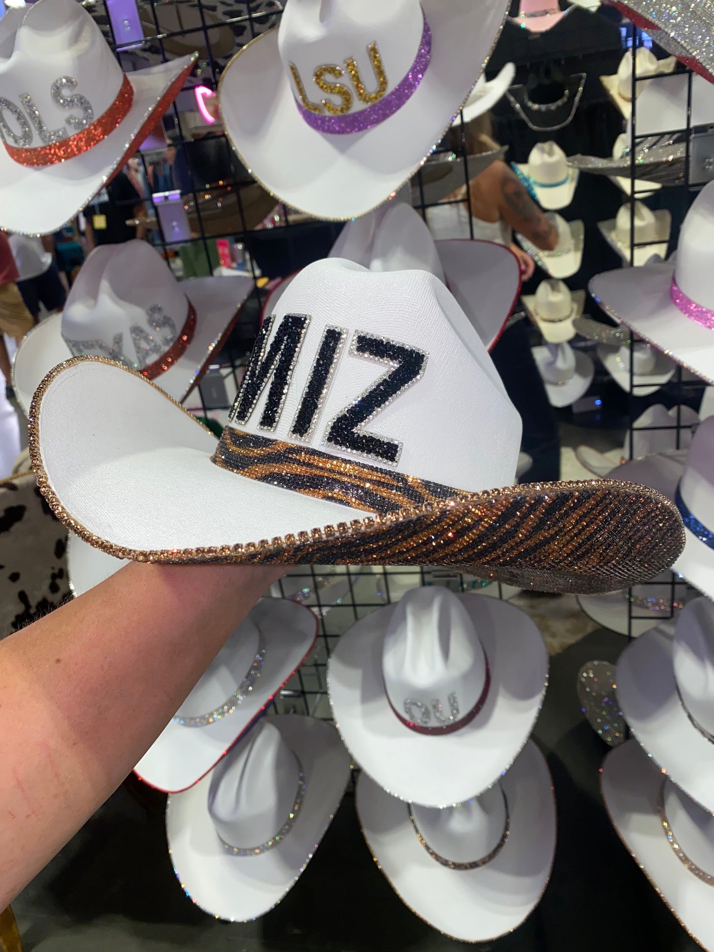 Tiger Print Rhinestone White Straw Mizzou Hat