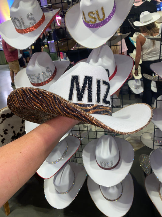 Tiger Print Rhinestone White Straw Mizzou Hat