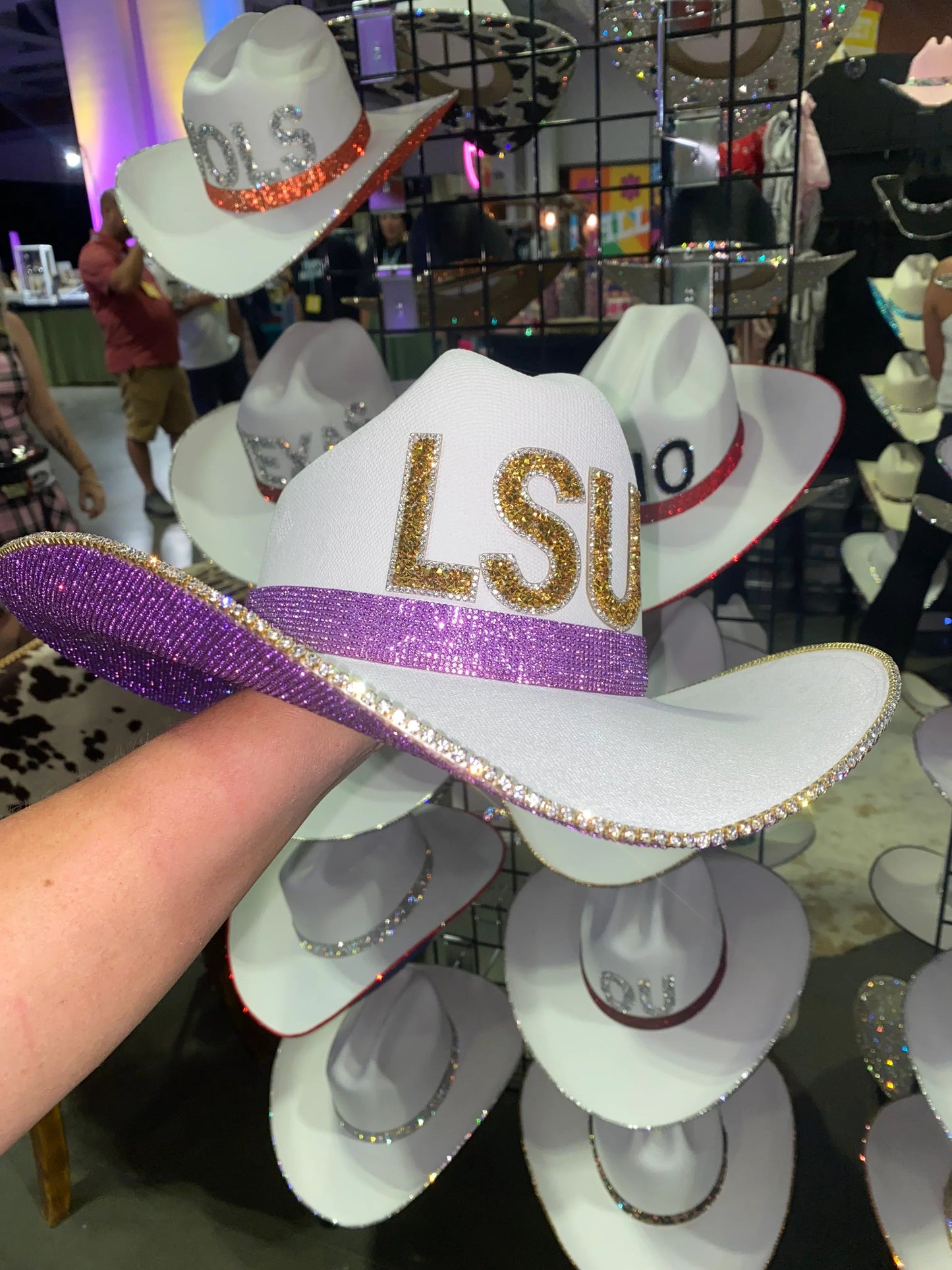 LSU Rhinestone White Straw Hat with Purple Accents