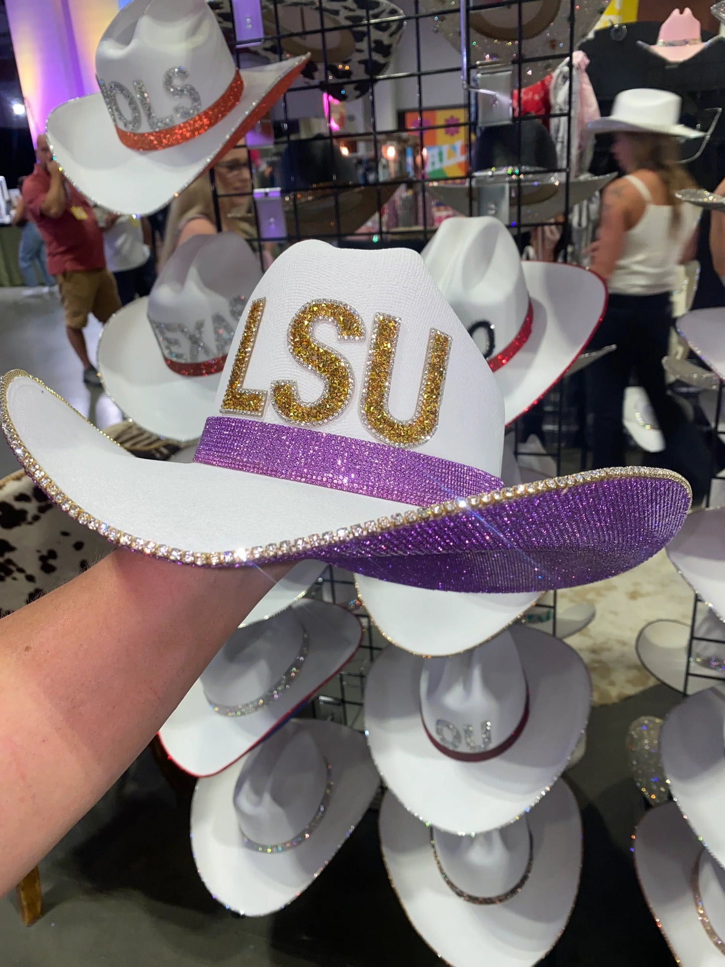 LSU Rhinestone White Straw Hat with Purple Accents