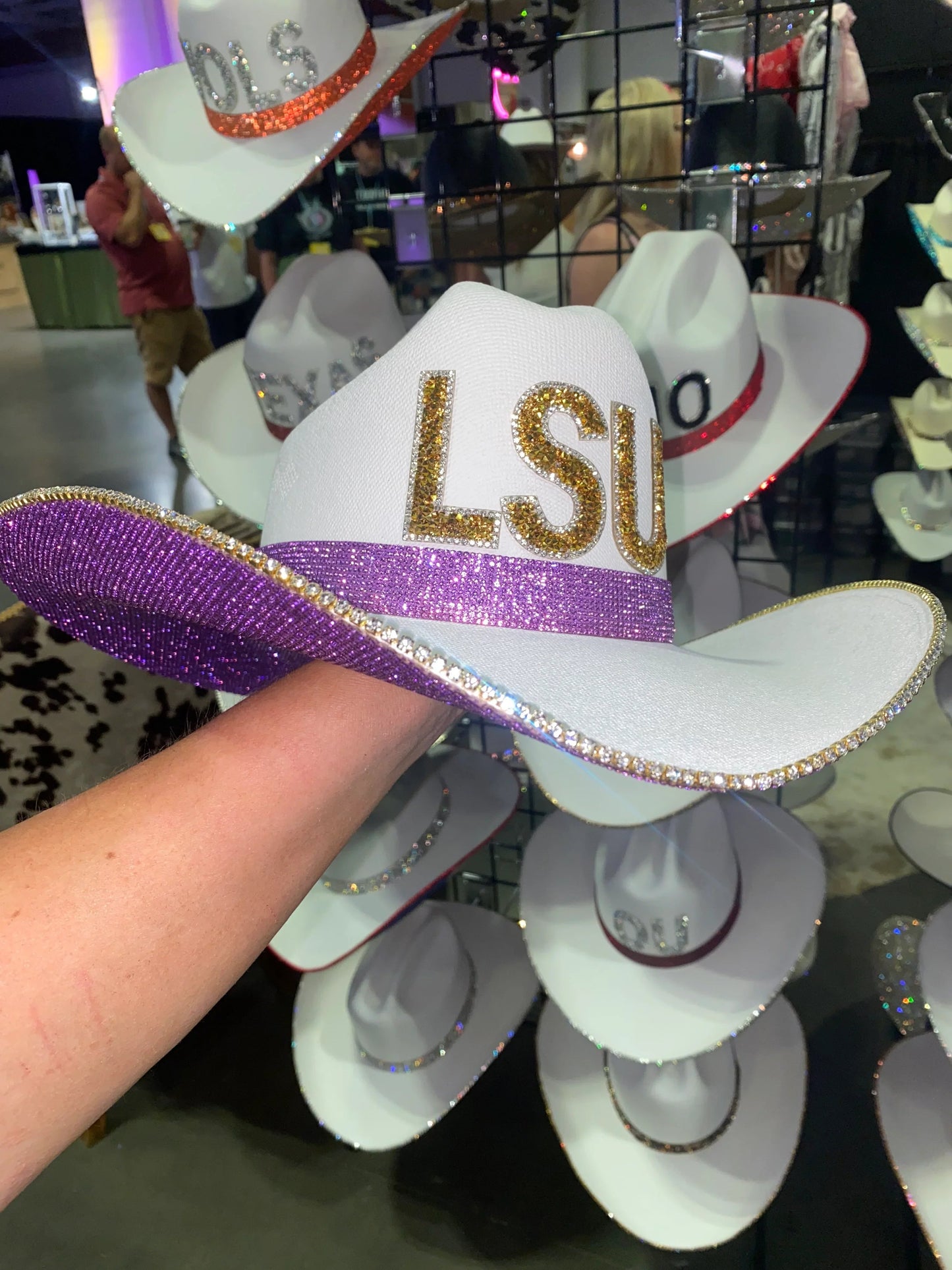 LSU Rhinestone White Straw Hat with Purple Accents