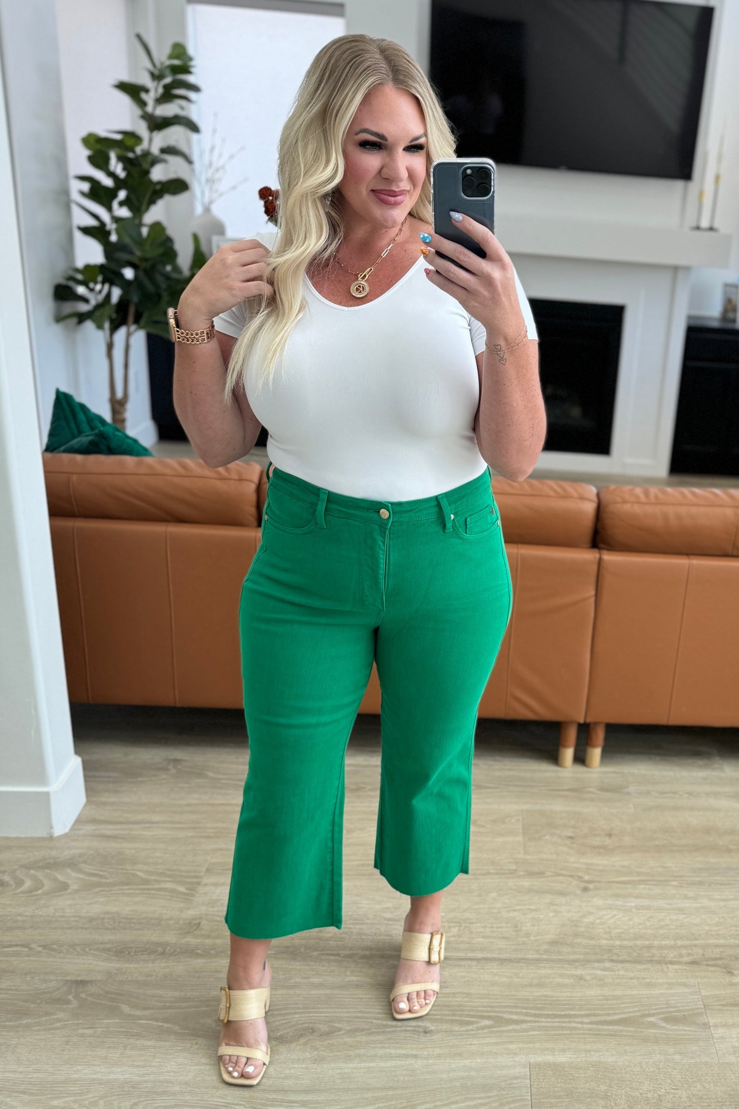 Kelly Green High Rise Control Top Wide Leg Crop Jeans Judy Blue