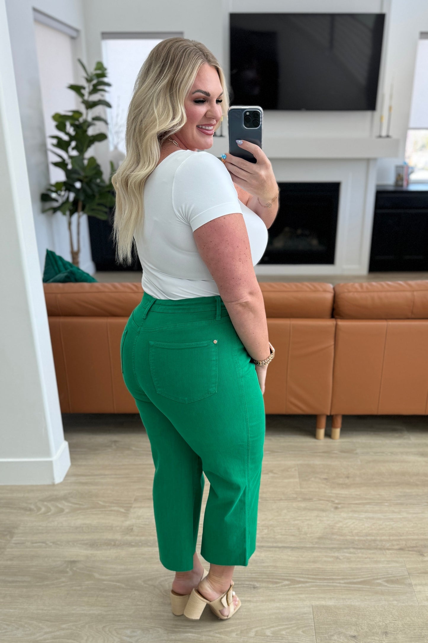 Kelly Green High Rise Control Top Wide Leg Crop Jeans Judy Blue