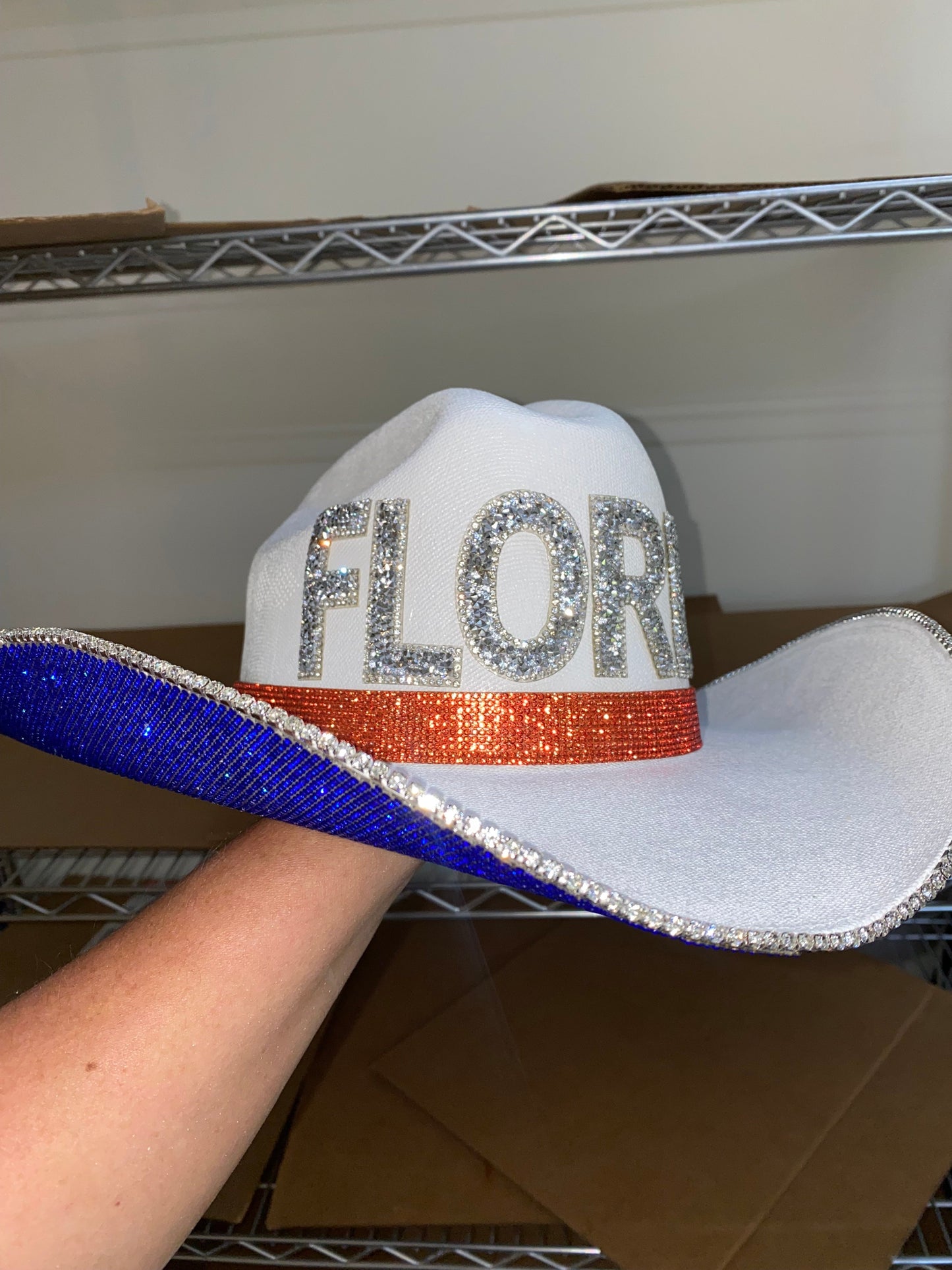 University of Florida Blue Rhinestone White Straw Hat Rhinestone Cowgirl