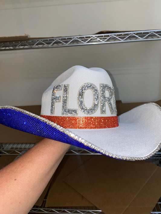 University of Florida Blue Rhinestone White Straw Hat Rhinestone Cowgirl