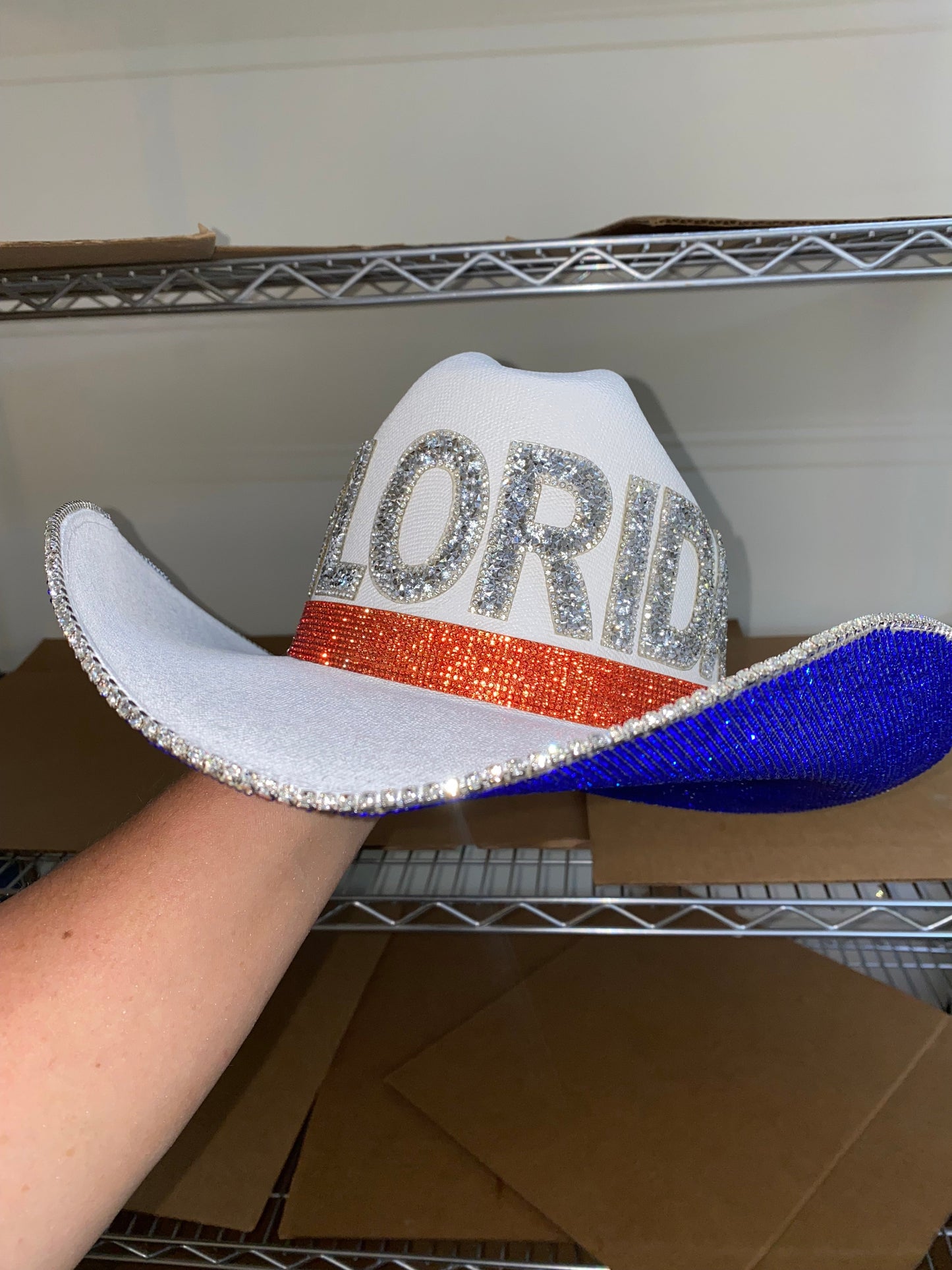 University of Florida Blue Rhinestone White Straw Hat Rhinestone Cowgirl