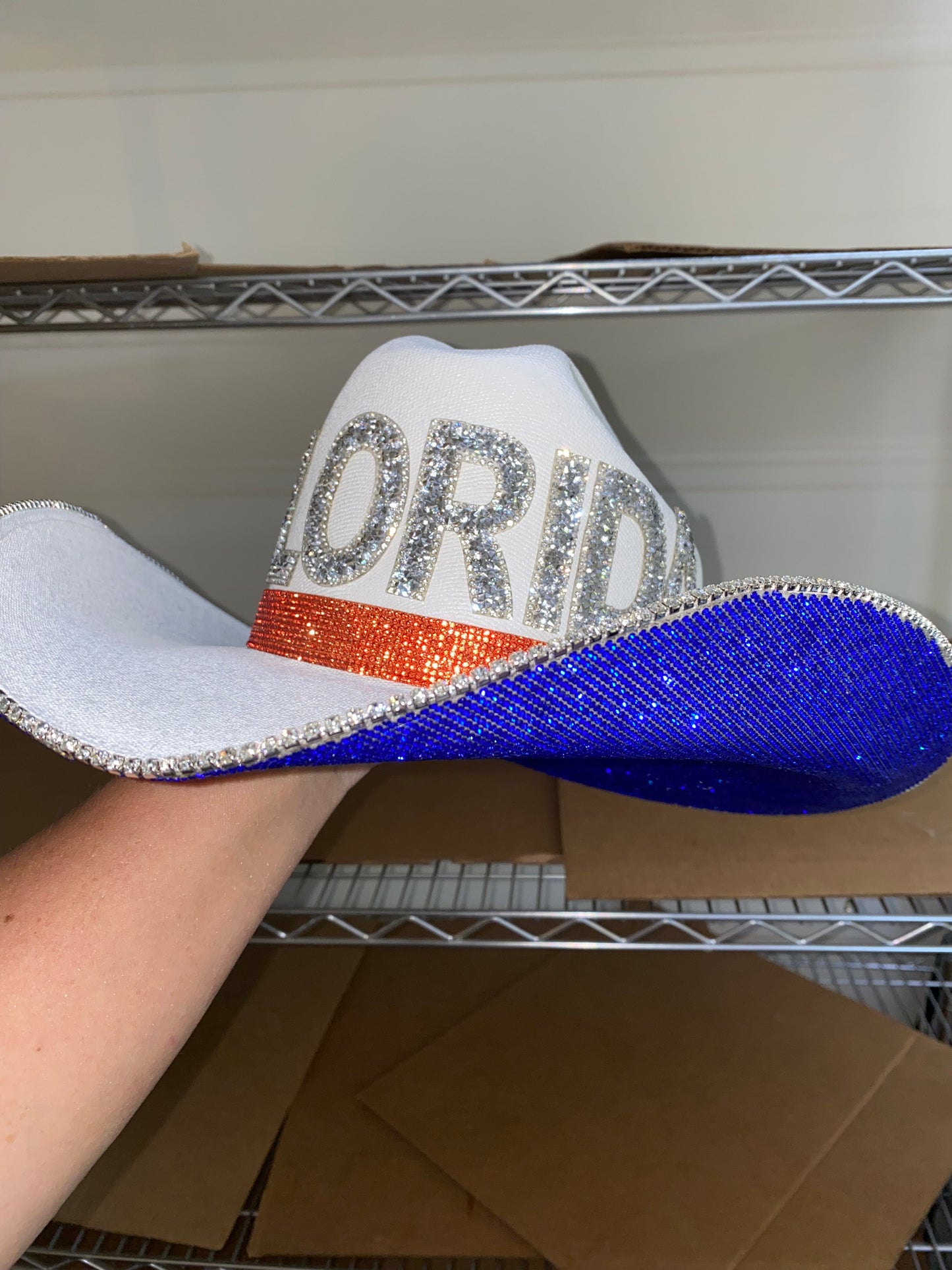 University of Florida Blue Rhinestone White Straw Hat Rhinestone Cowgirl