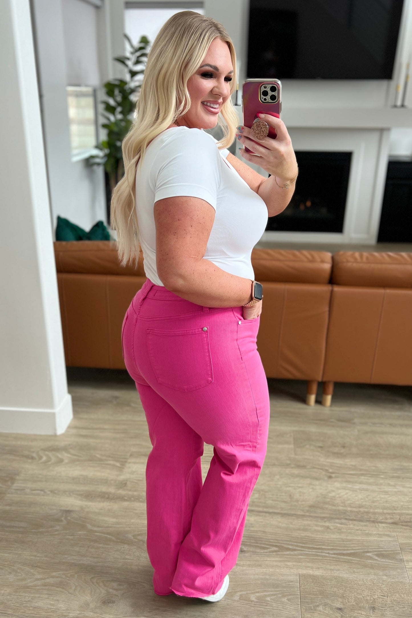 Barbara High Rise Bright Pink Garment Dyed 90's Straight Jeans Judy Blue