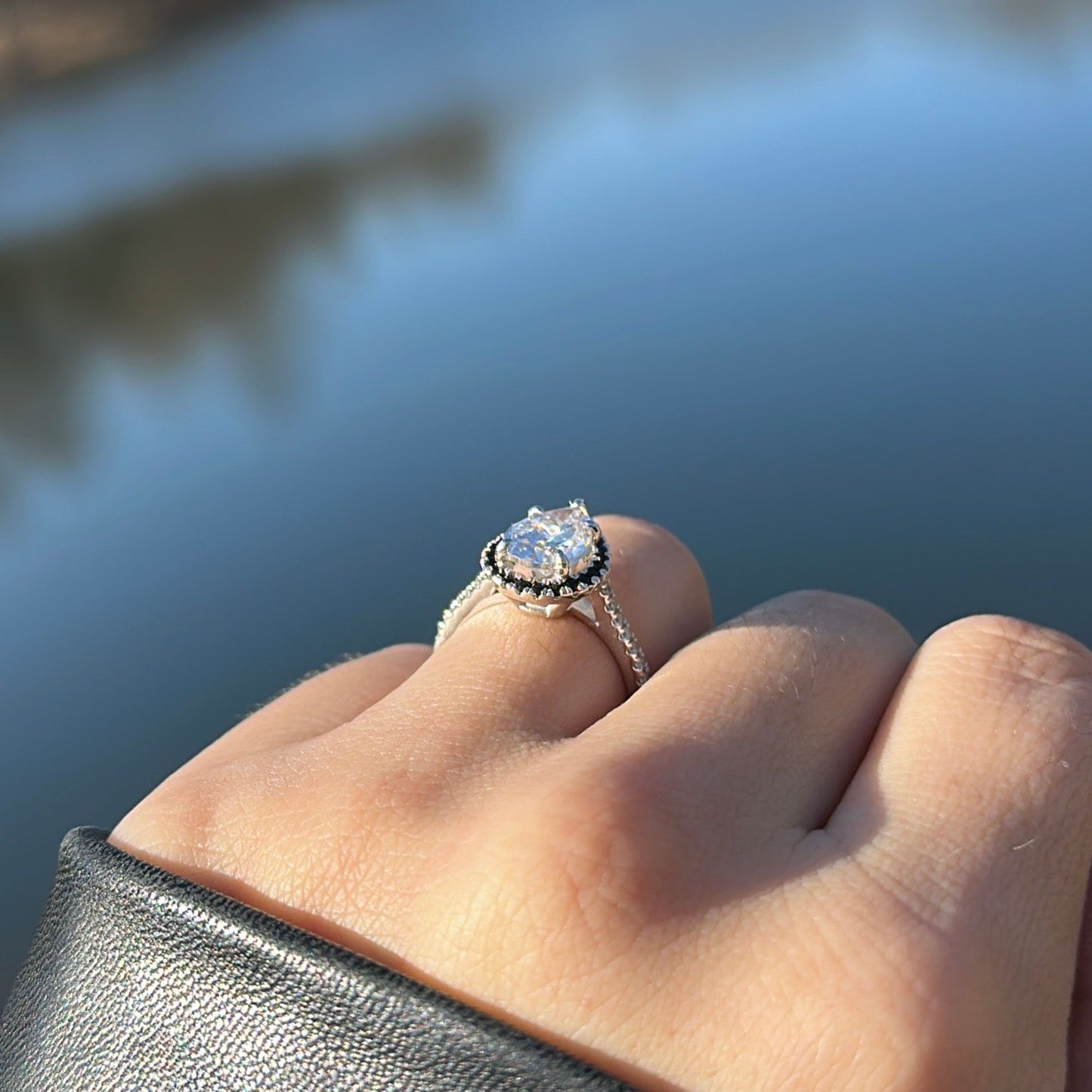 2.0ct Pear Cut Moissanite Black Halo Engagement Ring