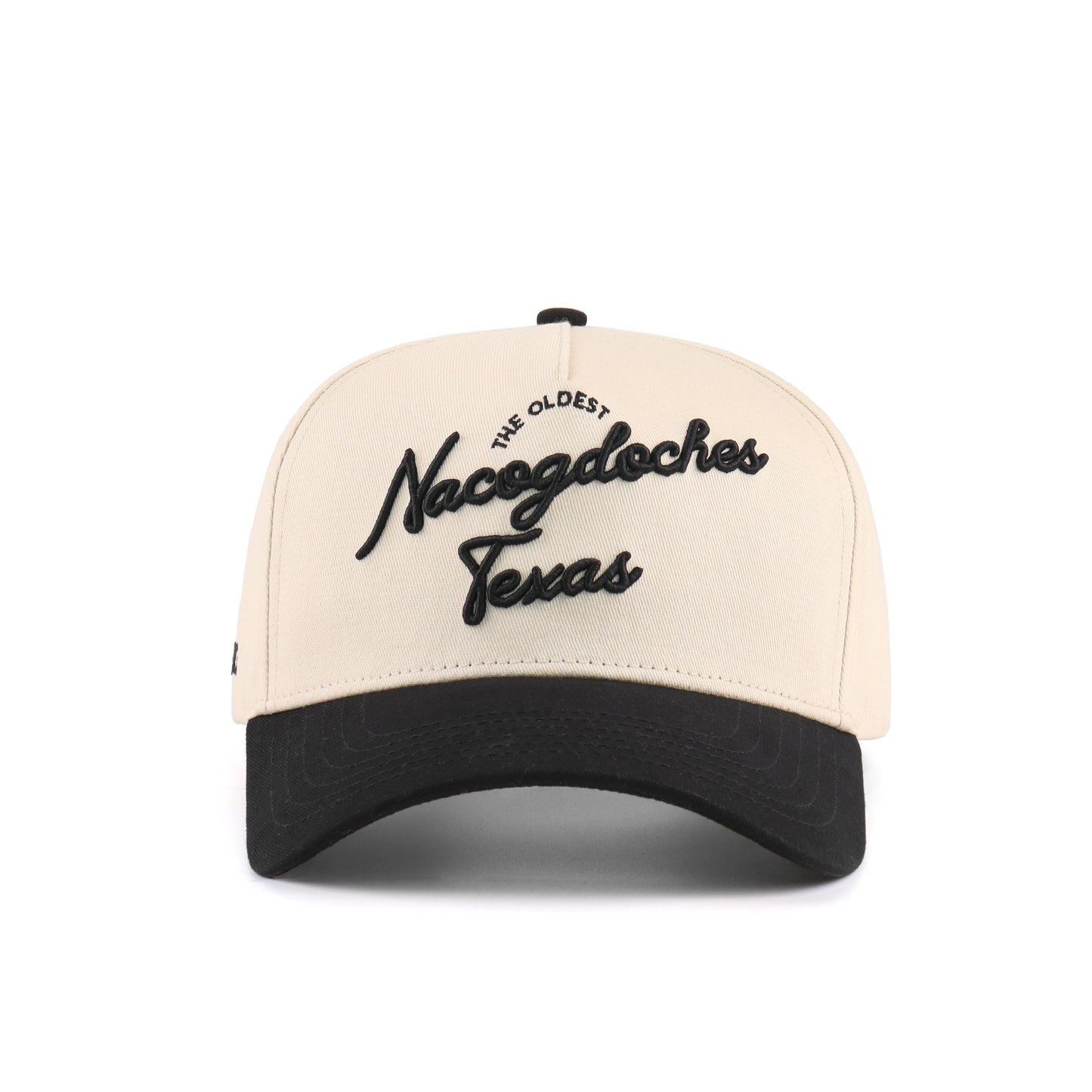 Script Hat Beige and Black Pre-curved Trucker Hat The 'Nacogdoches'