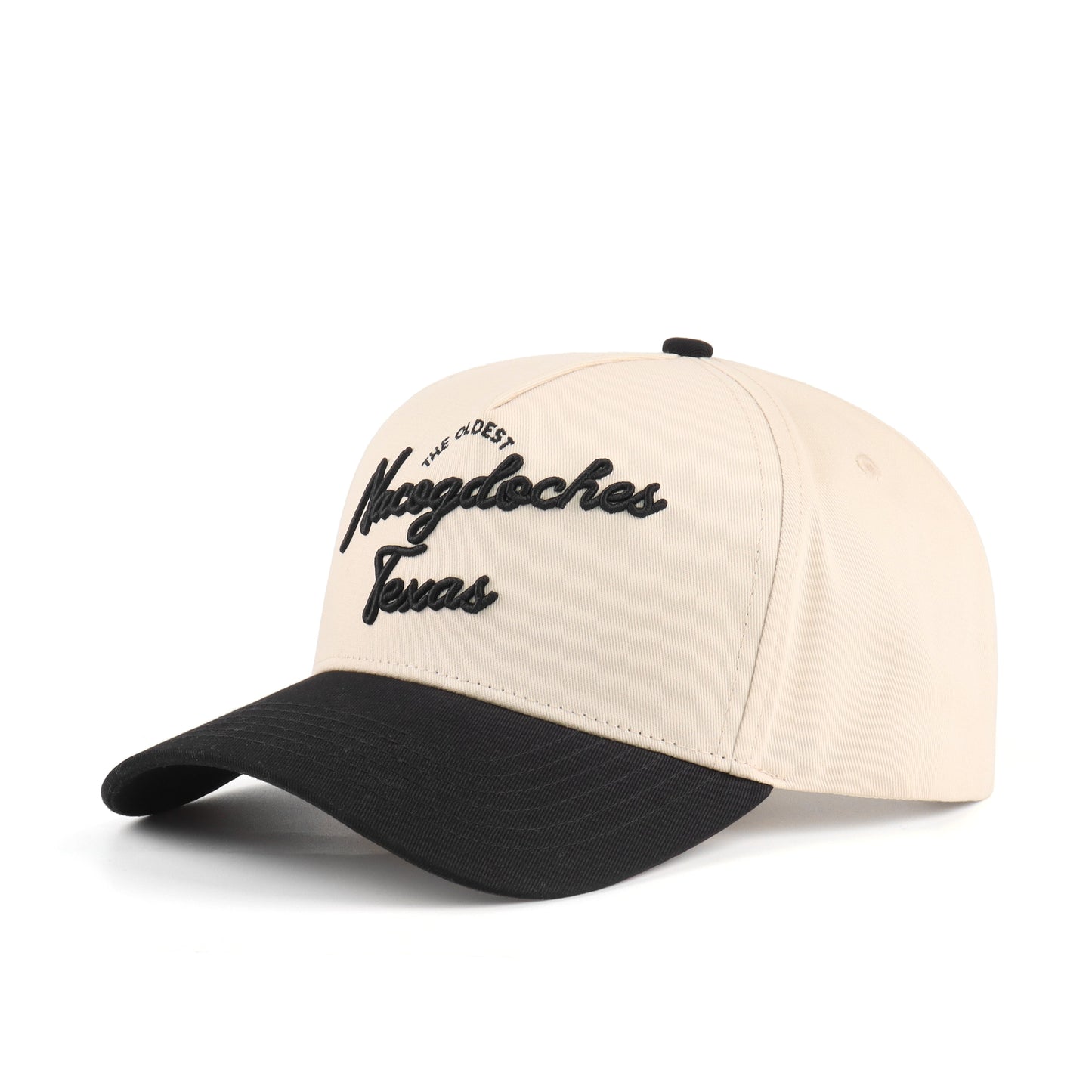 Script Hat Beige and Black Pre-curved Trucker Hat The 'Nacogdoches'