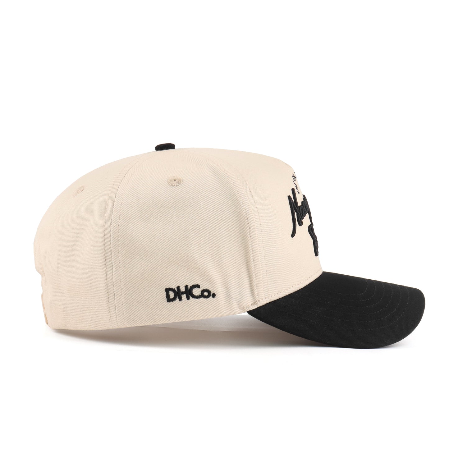 Script Hat Beige and Black Pre-curved Trucker Hat The 'Nacogdoches'