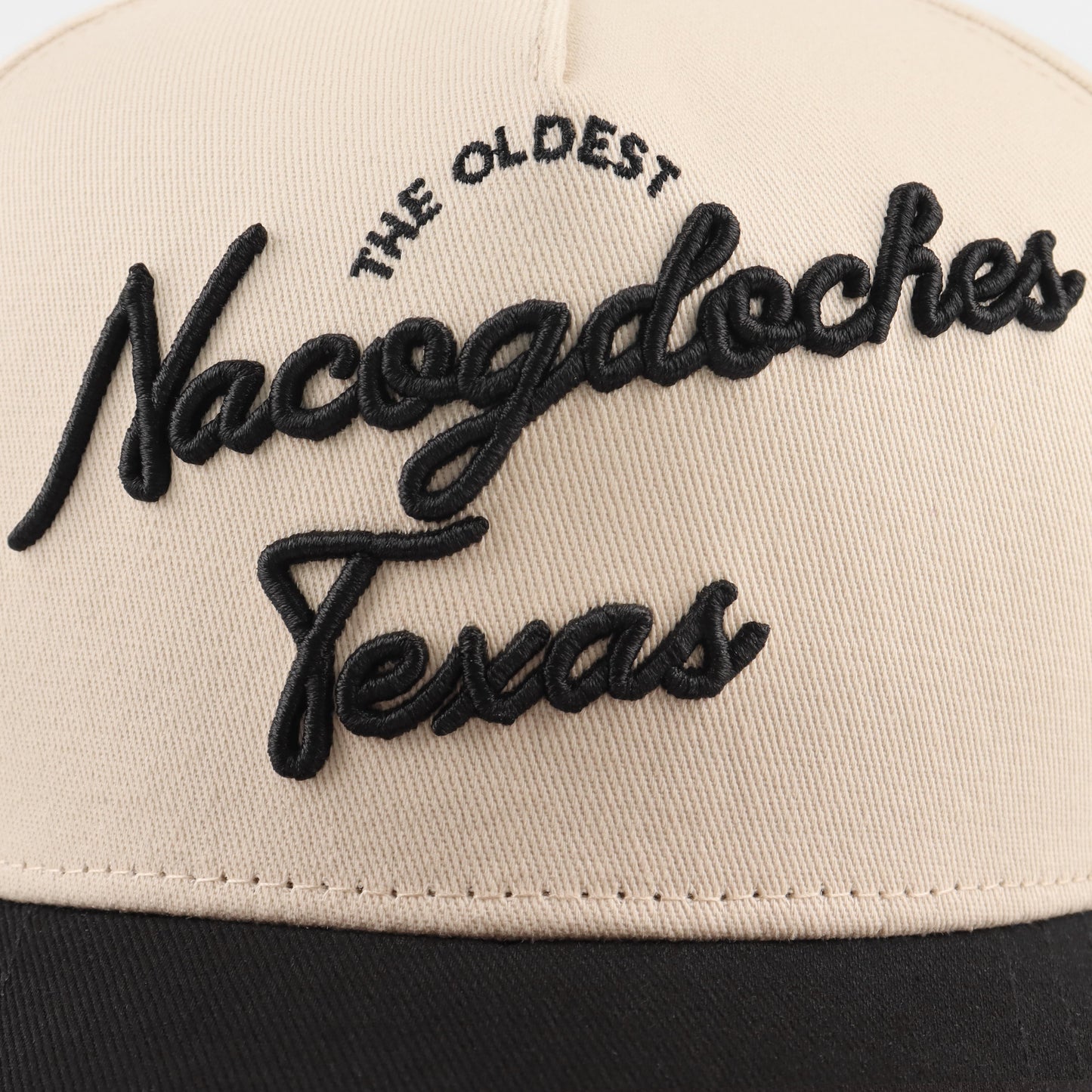 Script Hat Beige and Black Pre-curved Trucker Hat The 'Nacogdoches'