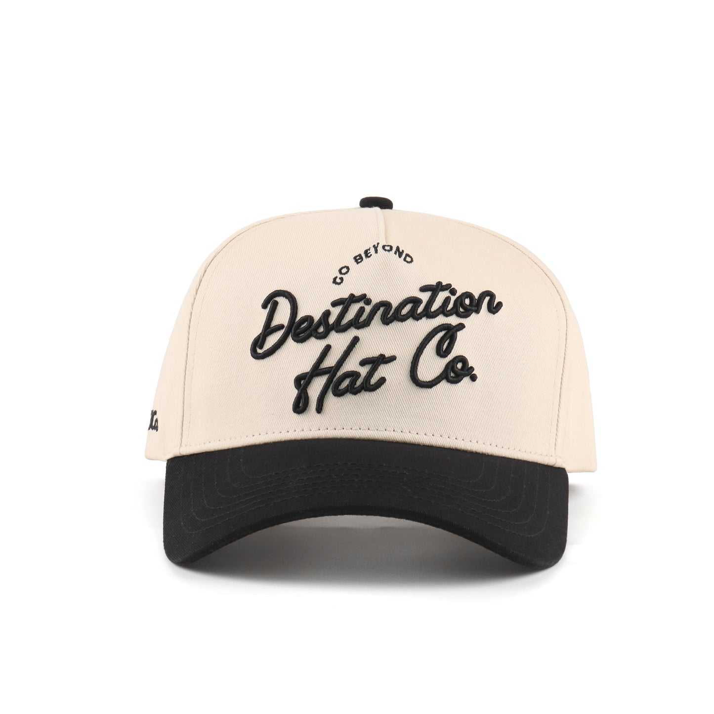 Destination Script Beige Pre-curved Trucker Hat Destination Hat Co.