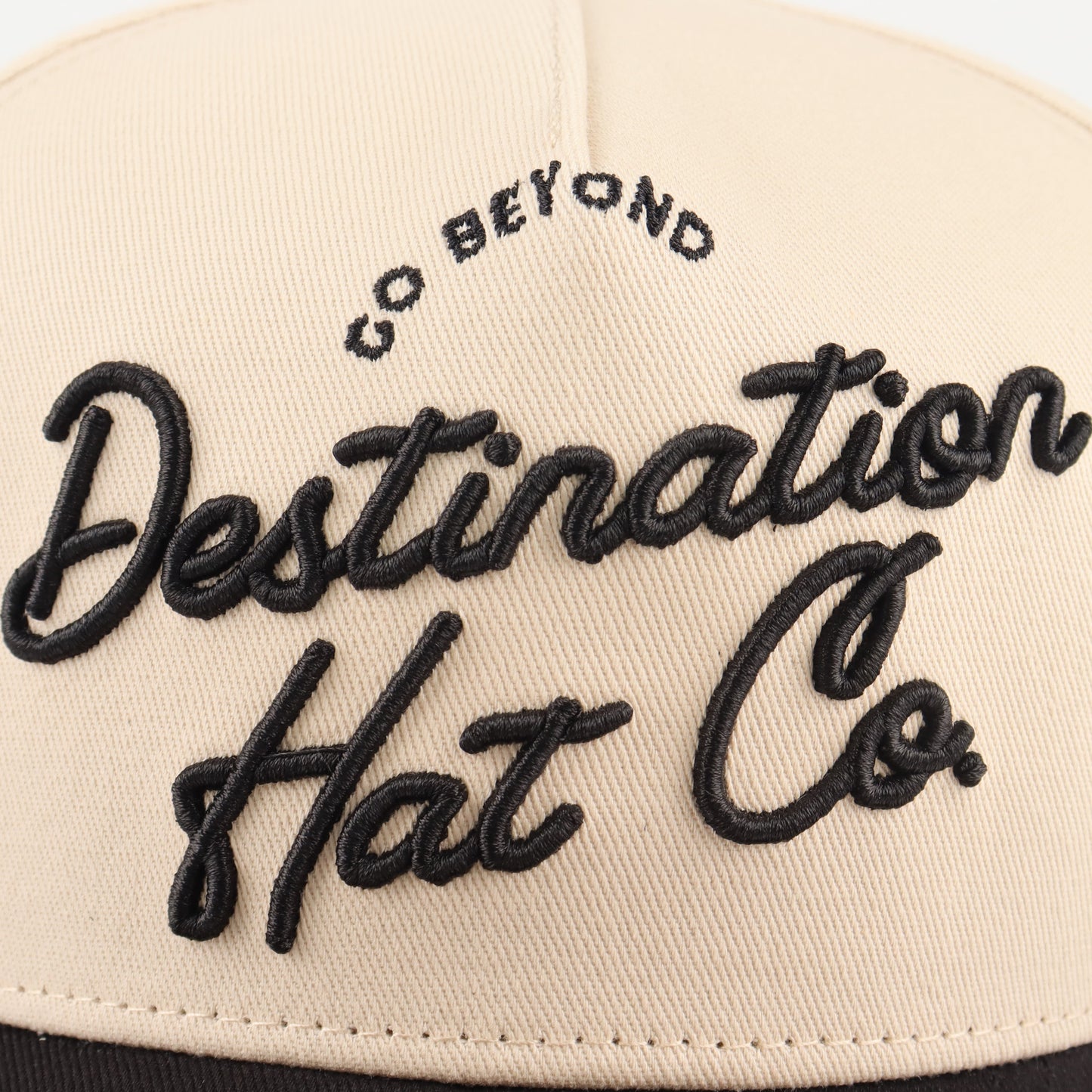 Destination Script Beige Pre-curved Trucker Hat Destination Hat Co.