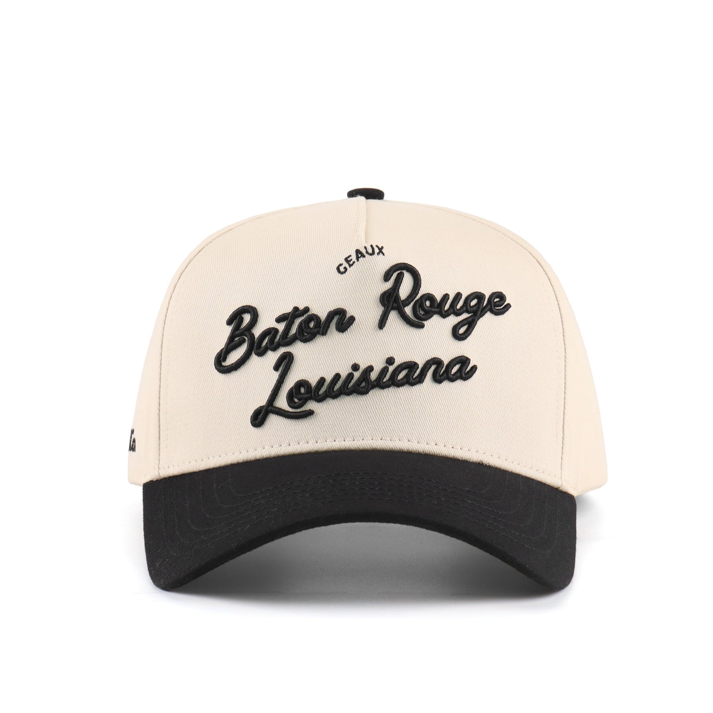 Baton Rouge Script Beige and Black Pre-curved Trucker Hat Destination Hat Co.