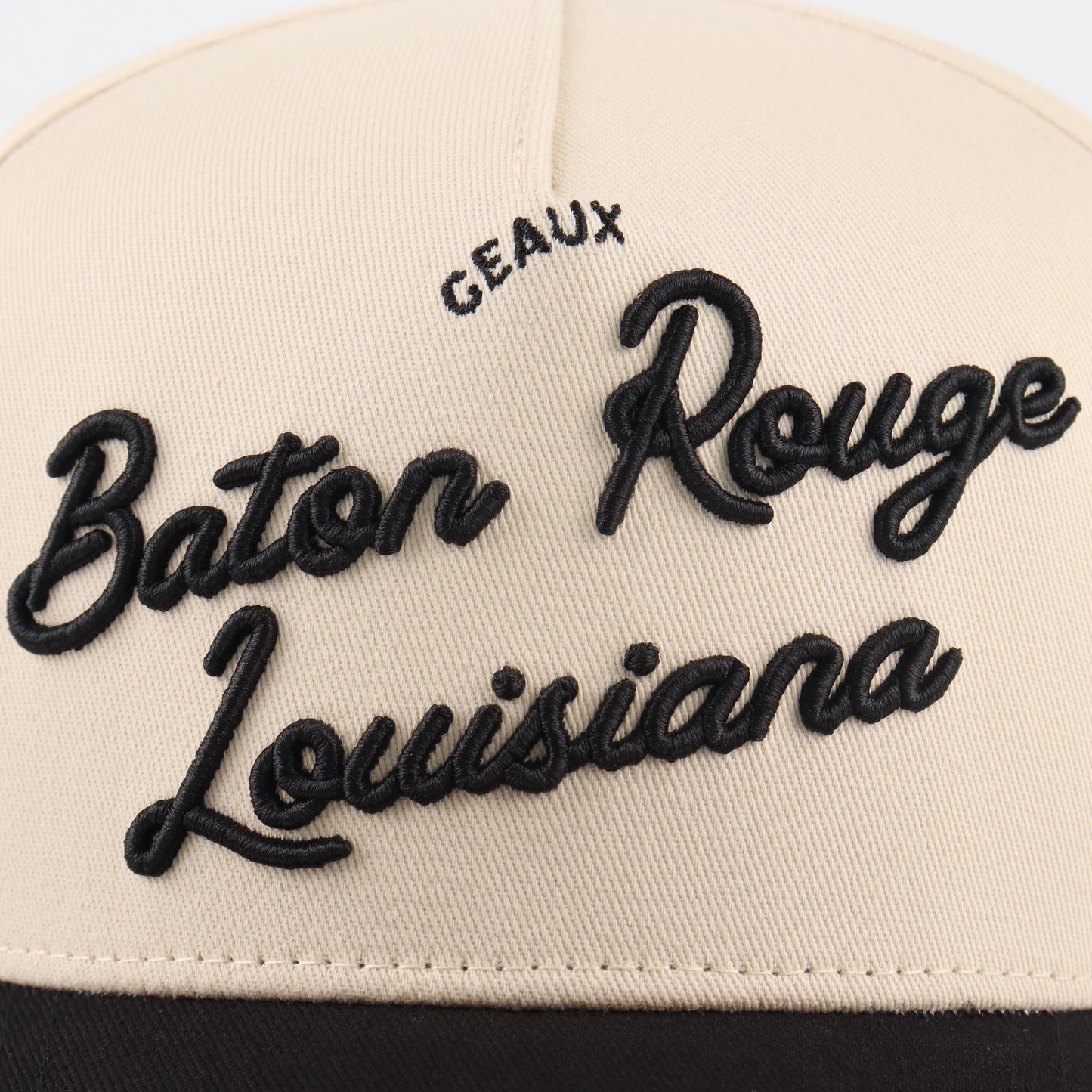 Baton Rouge Script Beige and Black Pre-curved Trucker Hat Destination Hat Co.