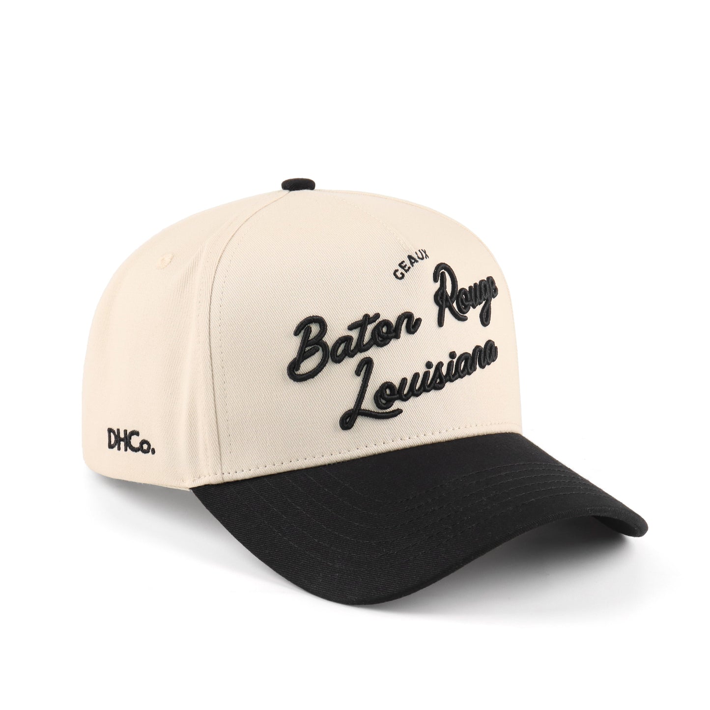 Baton Rouge Script Beige and Black Pre-curved Trucker Hat Destination Hat Co.