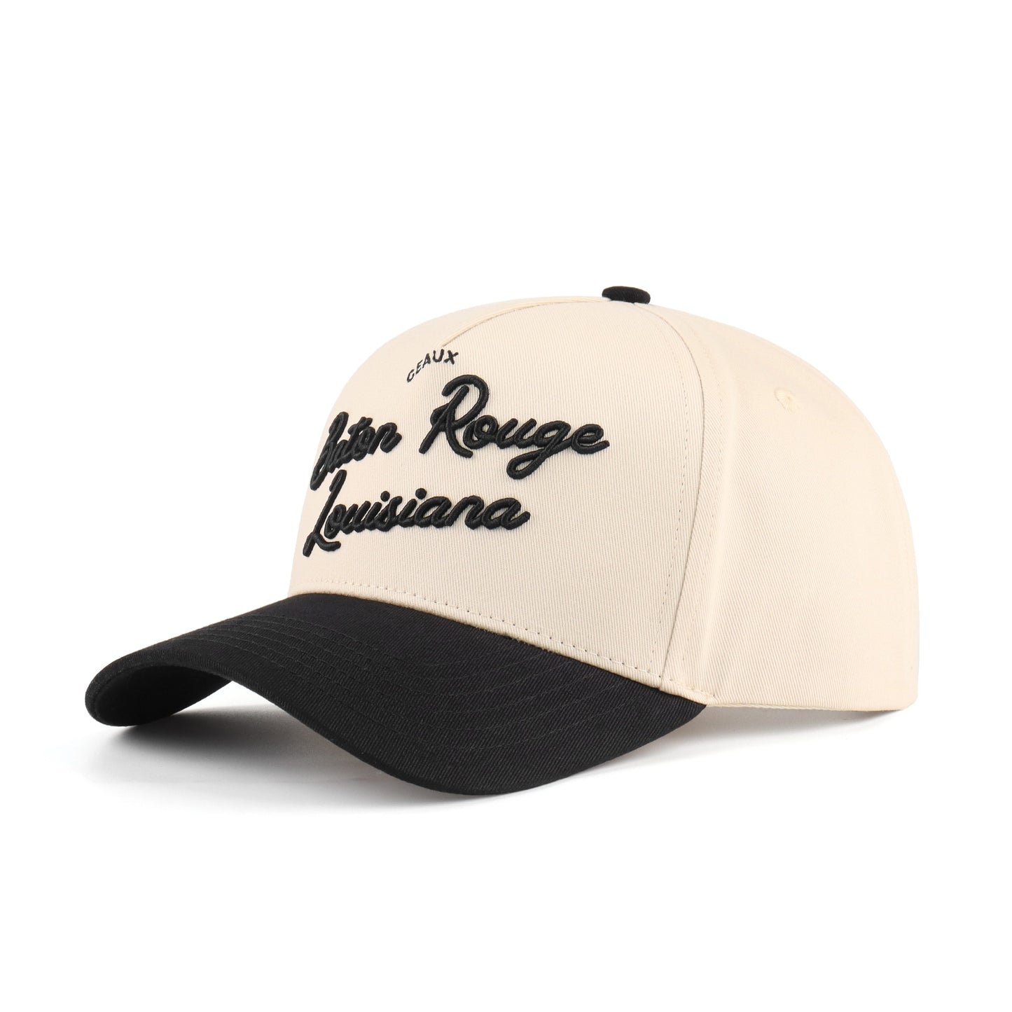 Baton Rouge Script Beige and Black Pre-curved Trucker Hat Destination Hat Co.