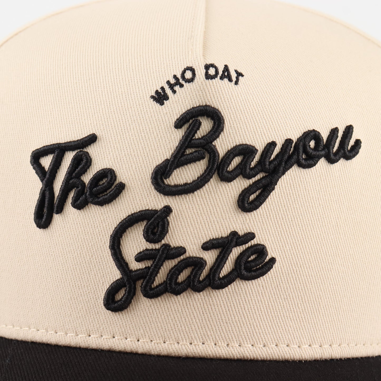 Script Hat Beige and Black Trucker Hat Destination Hat Co.