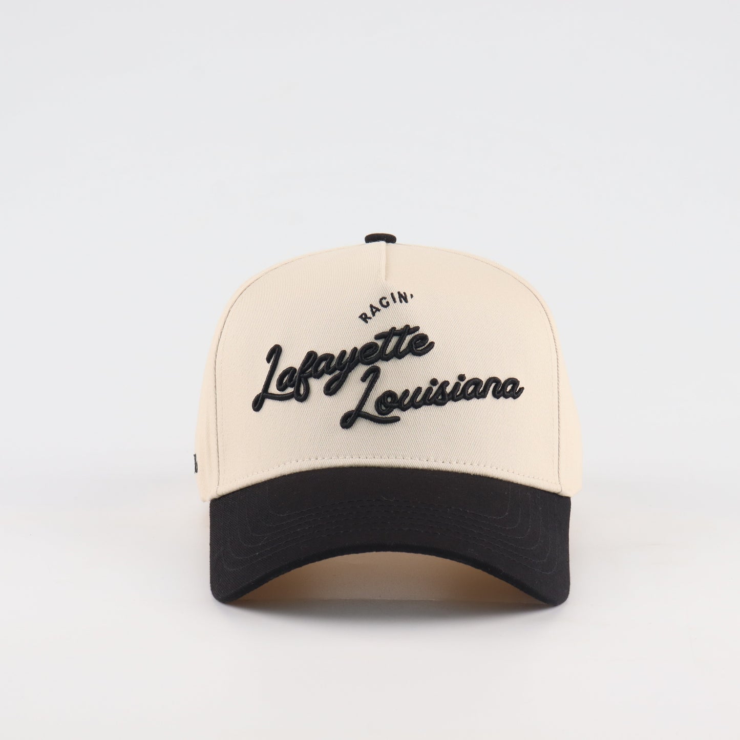 Beige and Black Pre-curved Trucker Script Hat Lafayette