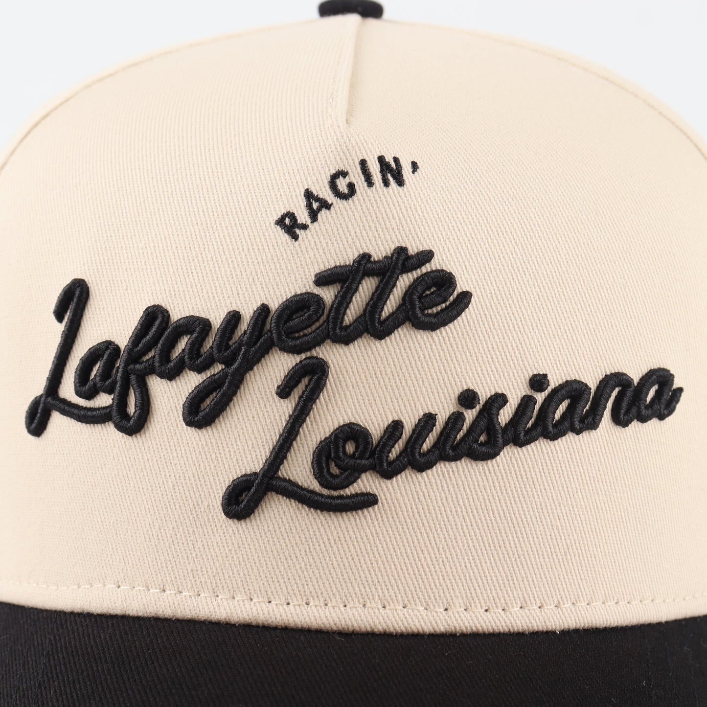 Beige and Black Pre-curved Trucker Script Hat Lafayette