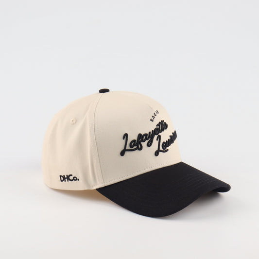 Beige and Black Pre-curved Trucker Script Hat Lafayette