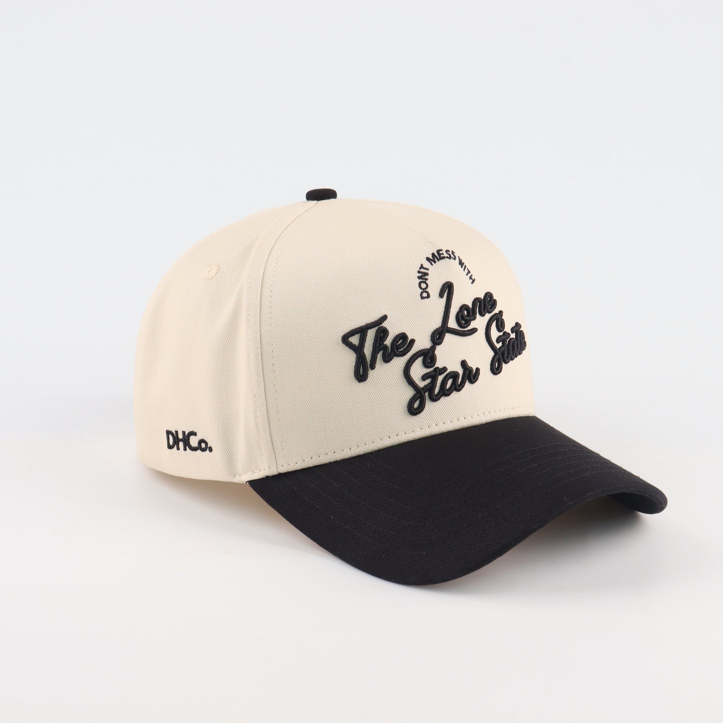 Lone Star Script Beige and Black Pre-curved Trucker Hat Destination Hat Co.