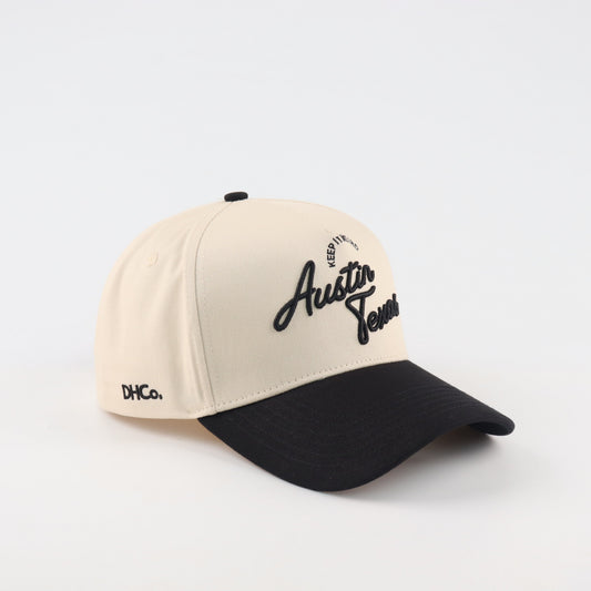 Script Hat Pre-curved Trucker Hat Beige and Orange Austin