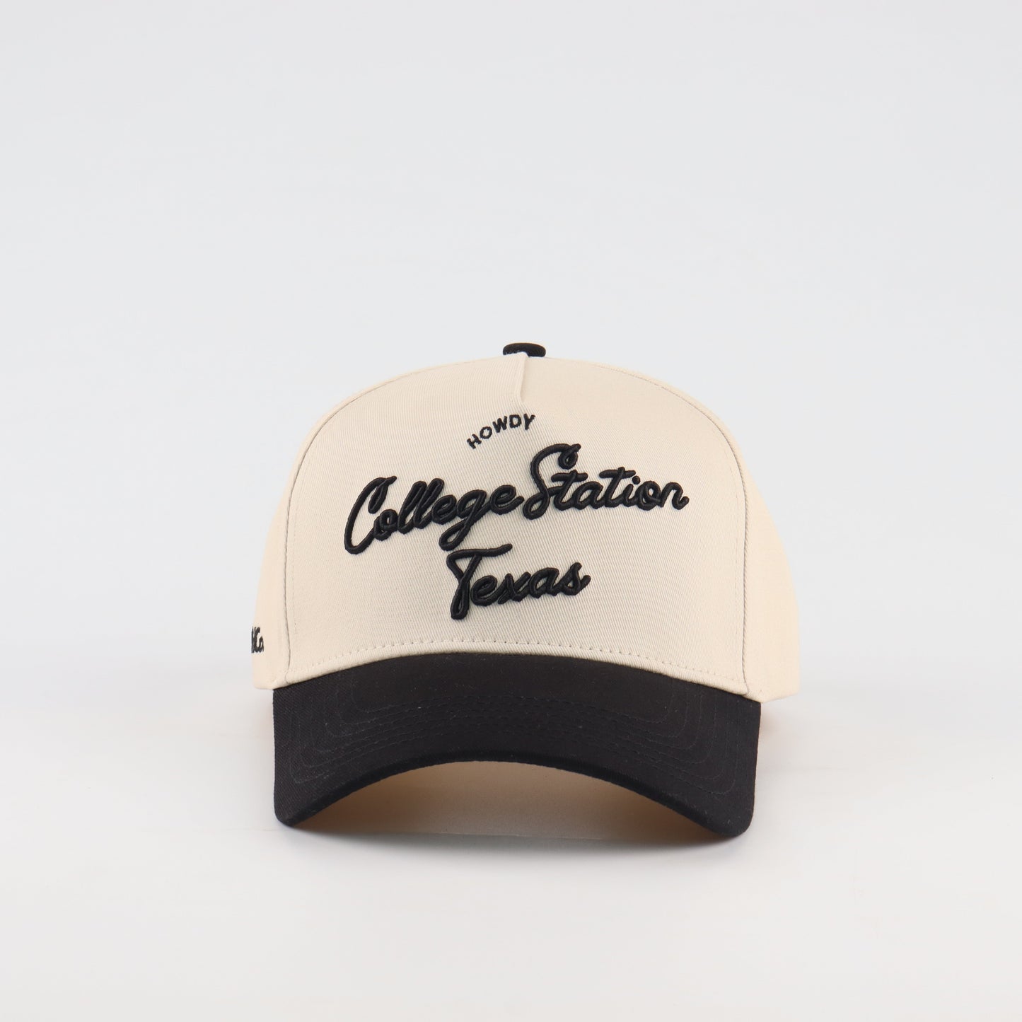 College Station Script Beige and Black Pre-curved Trucker Hat Destination Hat Co.