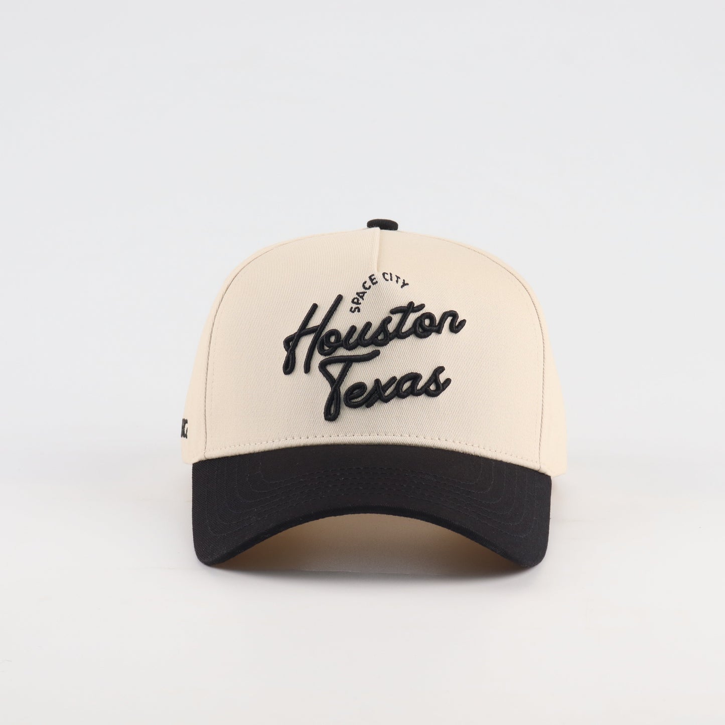 Houston Script Beige and Black Pre-curved Trucker Hat Destination Hat Co.