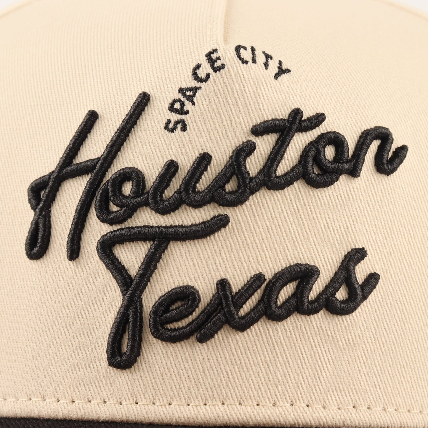 Houston Script Beige and Black Pre-curved Trucker Hat Destination Hat Co.