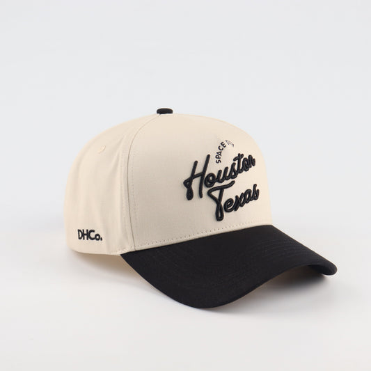 Houston Script Beige and Black Pre-curved Trucker Hat Destination Hat Co.